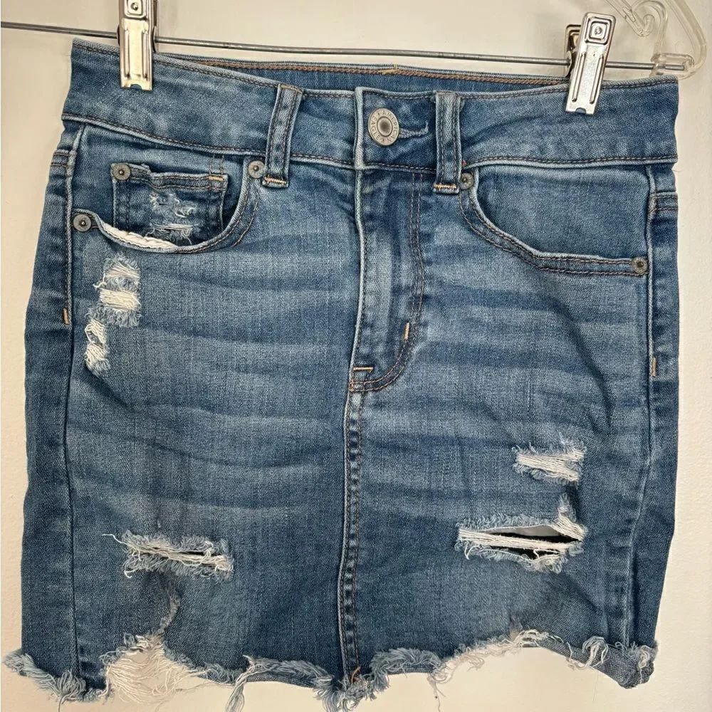 American Eagle Hi-Rise Mini Denim Jean Skirt Distressed Size 0 Blue